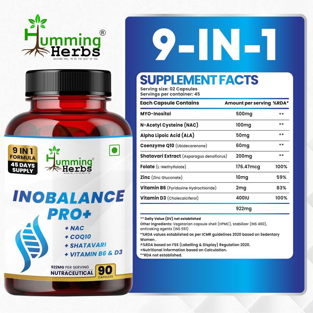 Humming Herbs InoBalance Pro+ PCOS Support Supplement for Women | Myo-Inositol, NAC, CoQ10, Shatavari, Folate, Zinc, Vitamin B6 & D3 | Hormonal &