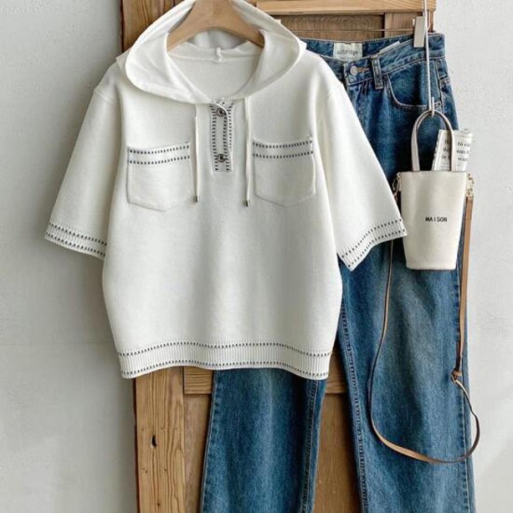 New Arrivals Open Run Hoodie Short Sleeve Knit Basic Fit Pants Coordination Rib