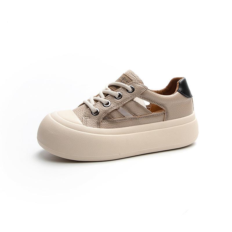Summer new breathable leather hollow women's shoes soft sole versatile single shoes casual style retro board shoes women
