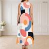 Women Plus Size Round Neck Triple Keyhole Cutout Sleeveless Printed Long Dress