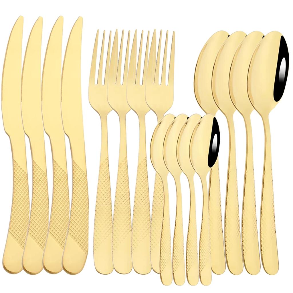 16Pcs Dinnerware Sliver Stainless Steel Cutlery Gold Plated Western Tableware Dinner Set Mirror Knife Fork Spoon Dishwasher Safe