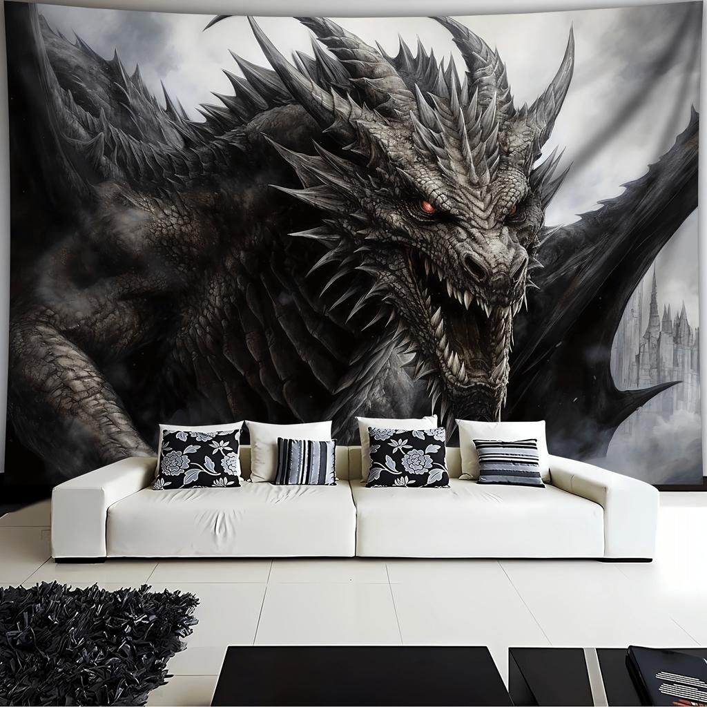 2D Majestic Dragon Design Black Dragon Background Printed Tapestry Fantasy Art Room Dormitory Home Decoration