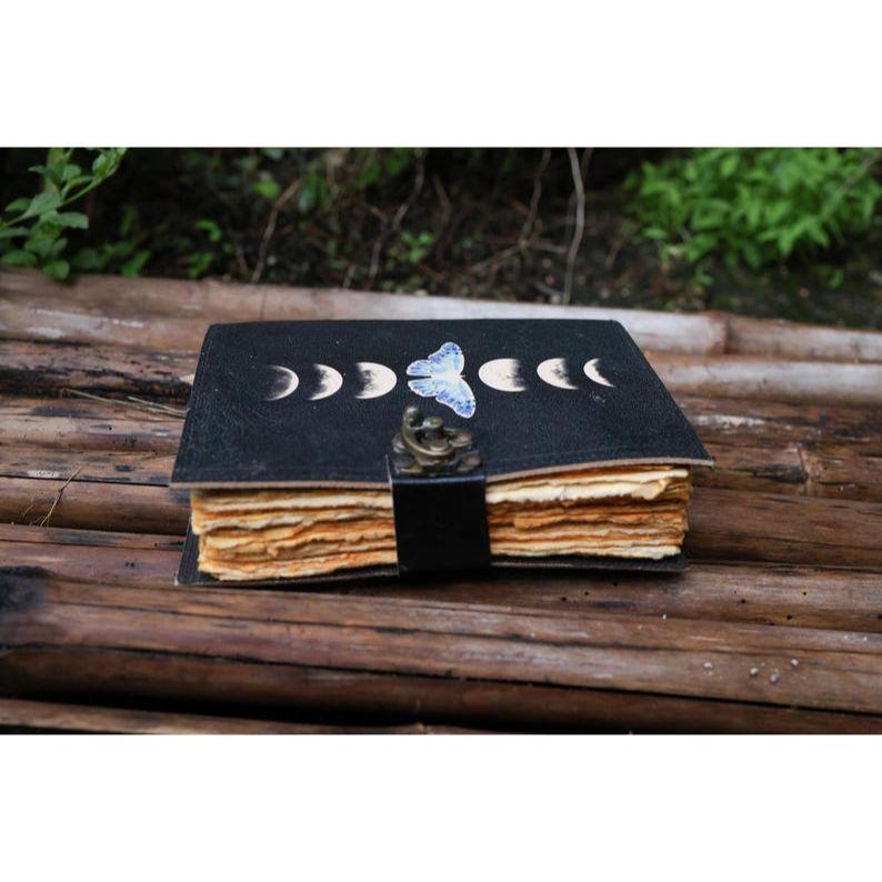 Sun & Moon Handmade Vintage Leather Journal Deckle Edge Paper, Blank Spell Book of Shadows Grimoire Journal, Gift for Him Traveling Book