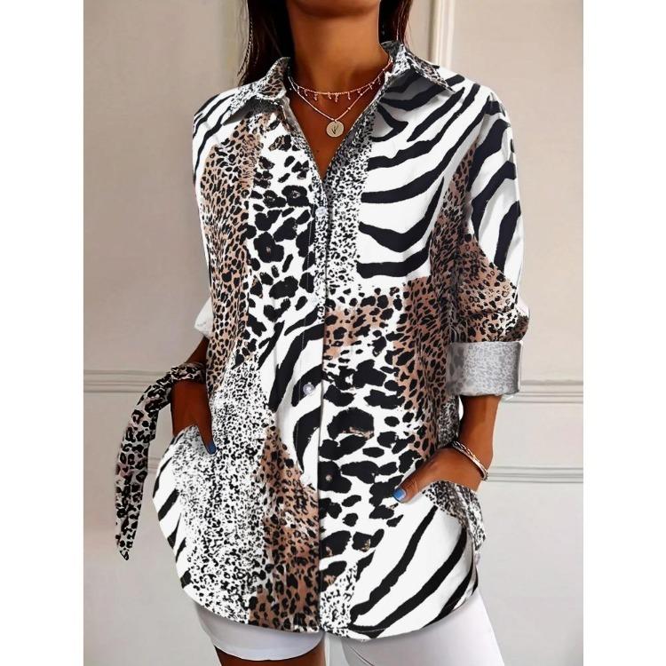 Damen Niedliches Tierprint Knopfleiste Hemd Oversized Langarm Hemdbluse Leopard Zebra Mix Super Bequem Freizeitkleidung