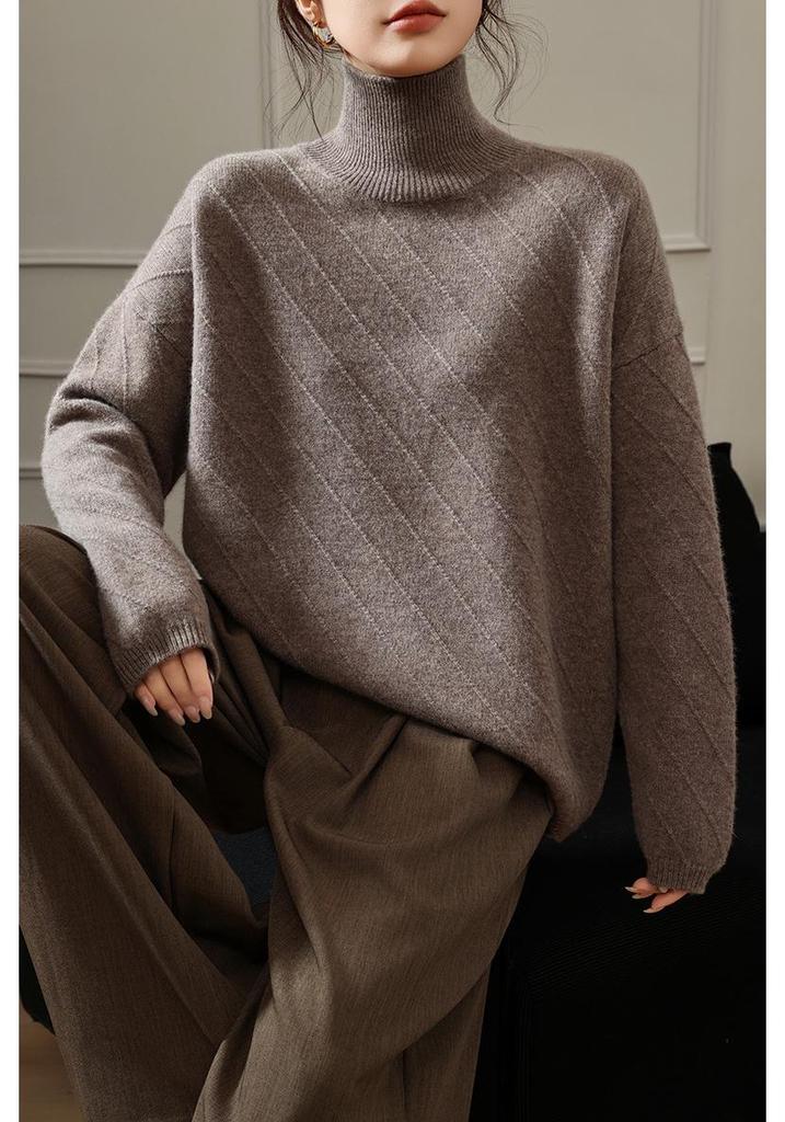 Women's High Neck Jacquard Wool Sweater - Thick, Loose Fit, Lazy Style