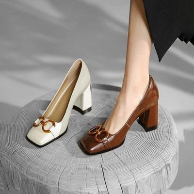 New Square Toe High Heels Women Shoes Retro Brown Women Shoes Temperament Thick Heel Single Shoes Women Office Dress Shoes