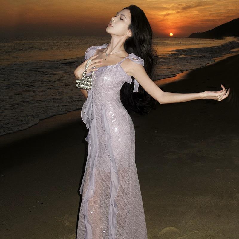 Французское Высококлассное Красивое Фиолетовое Платье на Подтяжках Красивое Уникальное Банкетное Вечернее Платье Платье для Отпуска на Побережье S фиолетовый