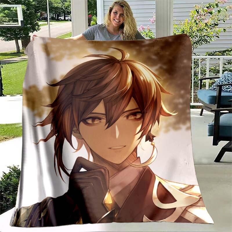 Game Genshin Impact Flannel Throw Blanket Gamer Cartoon Bedspread Smooth Soft Warm Gamer Gift Bed Sofa Home Bedroom Office Decor
