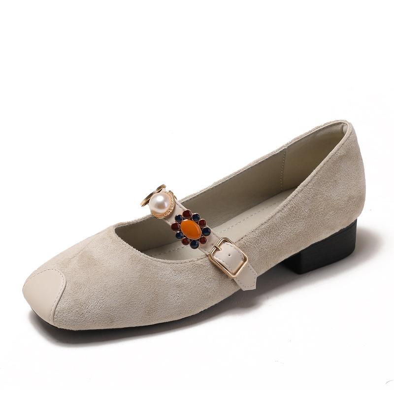 Fashion French Retro Suede Single Shoes for Women Office Ladies Low Heel Pumps Pearl Strap Mary Jane Shoes Size 35-43 Zapatos De Mujer