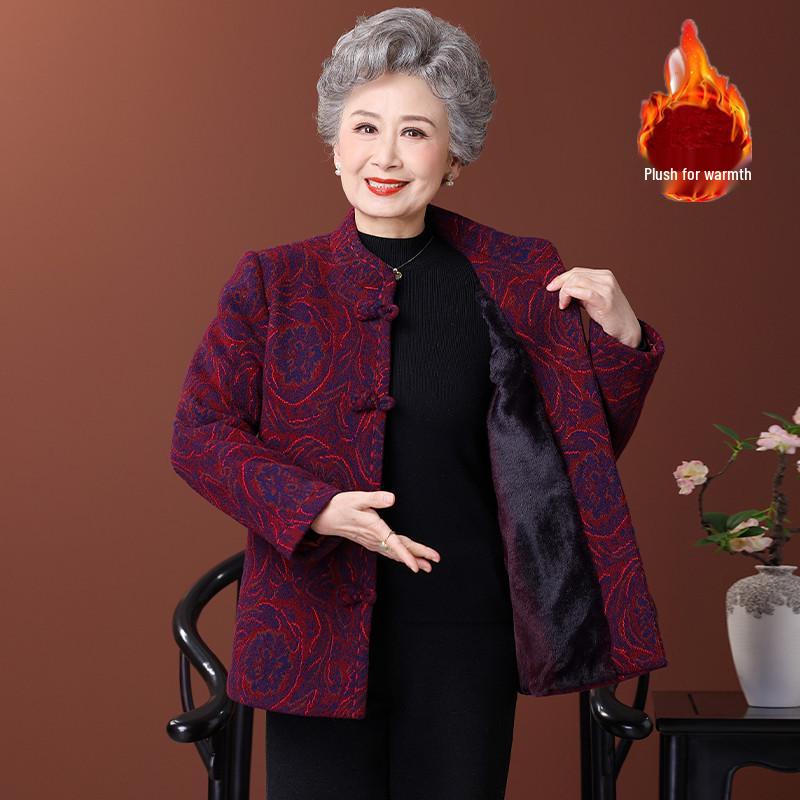 Elderly Women's Velvet Wool Coat: Thickened Winter Tang Suit