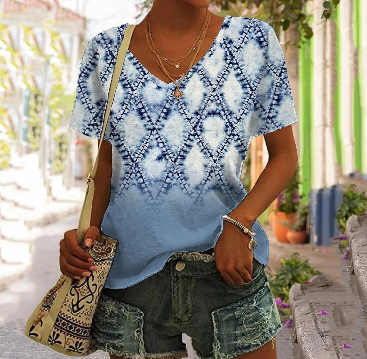 

Винтажная женская футболка в стиле пэчворк с 3d принтом, топы с клетчатым принтом, женская одежда, пуловер в стиле Харадзюку с v-образным вырезом, летние футболки большого размера с короткими рукавами 5XL