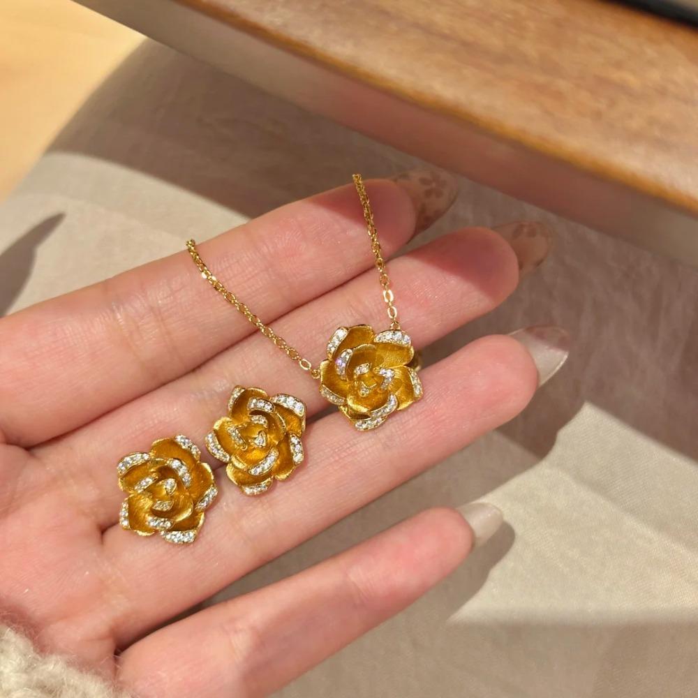 New Chinese Style Camellia Necklace French Vintage Rose Earrings Women Jewelry Set