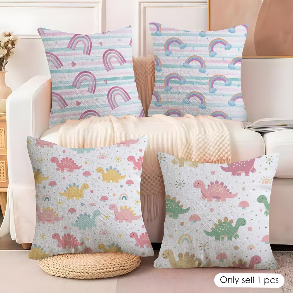 Cute Dinosaur Rainbow Cushion Cover Natural Linen Organic Fabric DoubleSided Printing Couch Pillow Covers Home Decor Gift