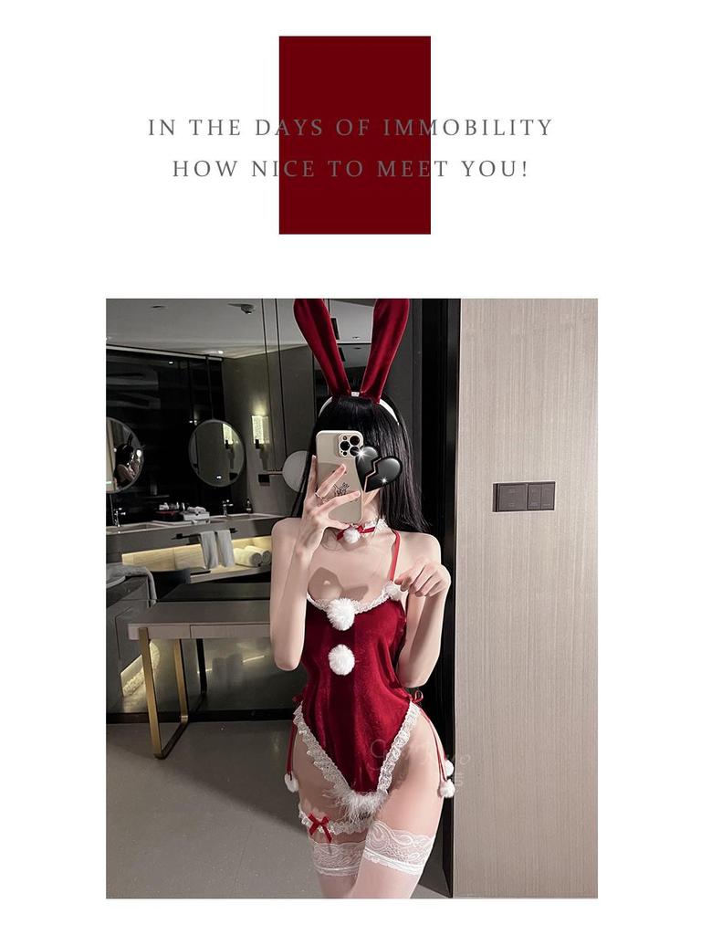 Velvet Bunny Girl Sexy Lingerie Bodysuit - Plush, Patchwork, Open Back Christmas Uniform Set for Women 1405