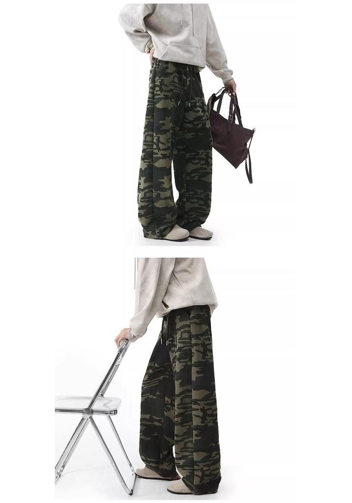 Unisex American Retro Camo Jogginghose: Hohe Taille, Gekrümmtes Bein, Herbsttrend