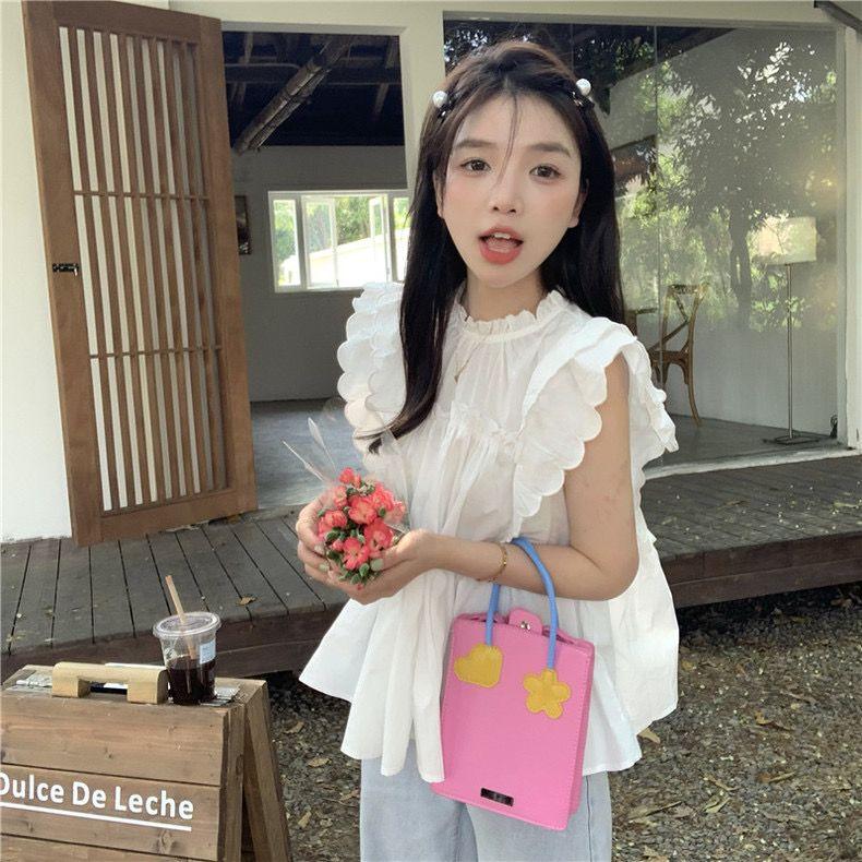 Splicing Ruffled White Shirt with Women's Summer Pleated Design Flying Sleeve Shirt Loose Top