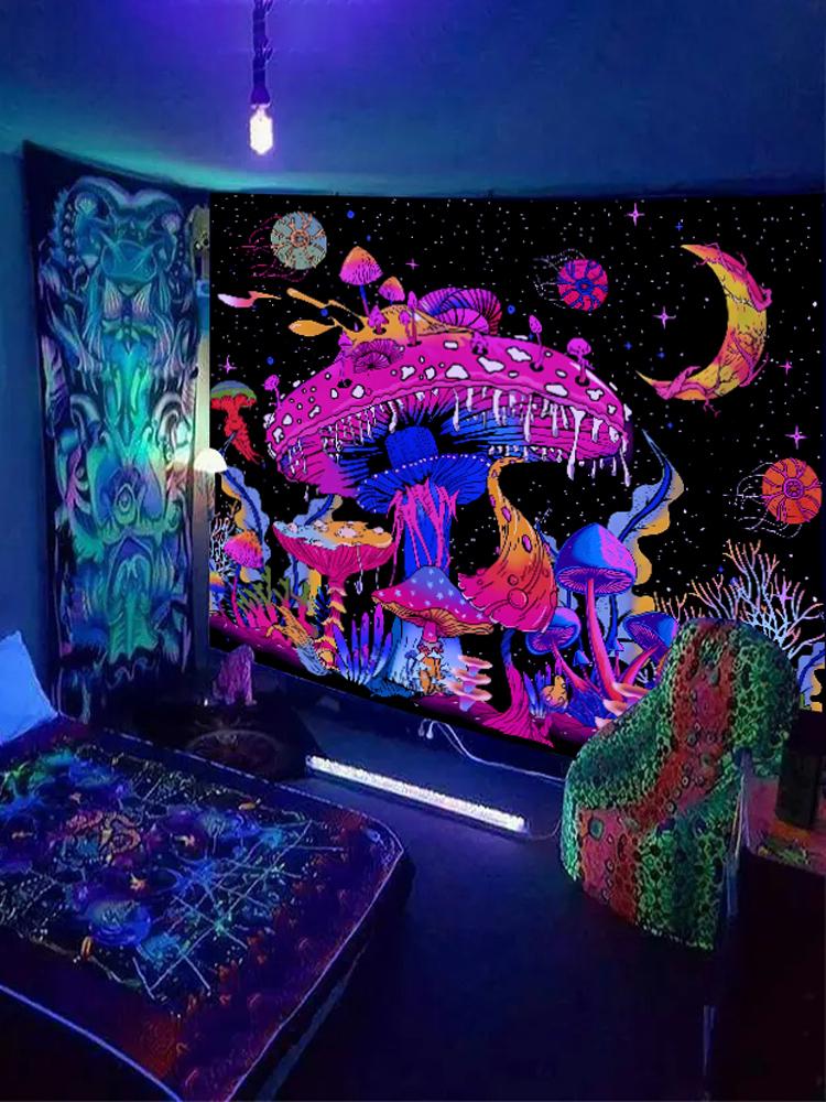 1pcFluorescent colored mushroom tapestry, ultraviolet black light natural plant forest moon flower mysterious night sky tapestry