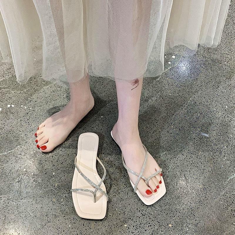 Flat Shoes Summer New Square Toe Clip-Toe Crystal Slim Strap Anti-Slip Wear-Resistant Plus Size Roman Shoes