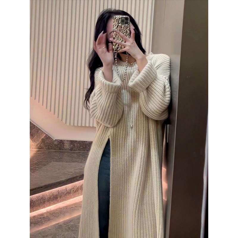 Womens Oversized Knit Midi Dress With Side Slit Loose Fit Long Sleeve Sweater Winter