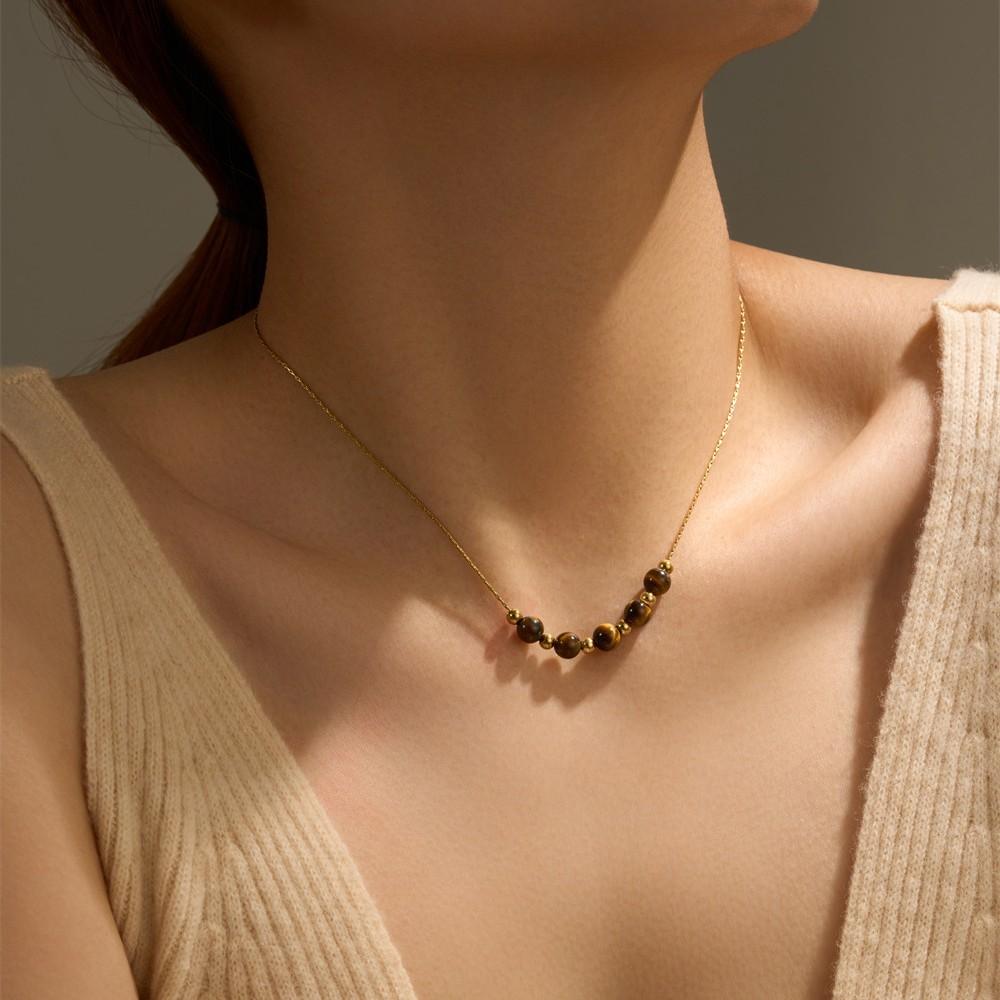 Fashion Retro Handmade Necklace Round Tiger's Eye Stone Beaded Necklace Simple Niche High-end Necklace