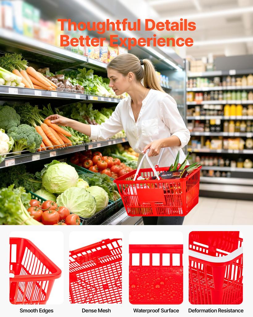 VEVOR Shopping Baskets, 20 PCS, 21L Stackable PE Plastic Grocery Baskets with Handles, Dense Mesh Structure, Holds up to 9.07kg, Portable for Grocery
