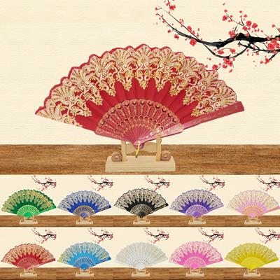 1pc Bronzing Flower Pattern Folding Fan Chinese Style Silky Fan Ancient Costume Accessories Dance Performance Props