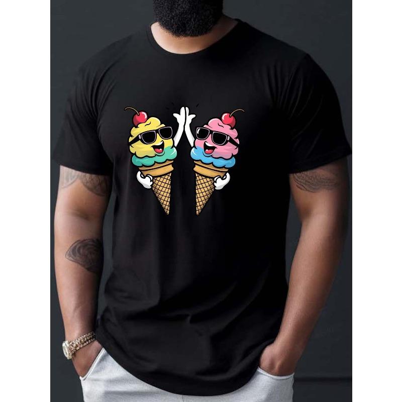Men'S Ice Cream Hi Fiving Wrinkle Graphic T-Shirt - Black Casual Summer Tee with Ice Cream Cone & Joyful Faces Design, Short Sleeve Round Neck