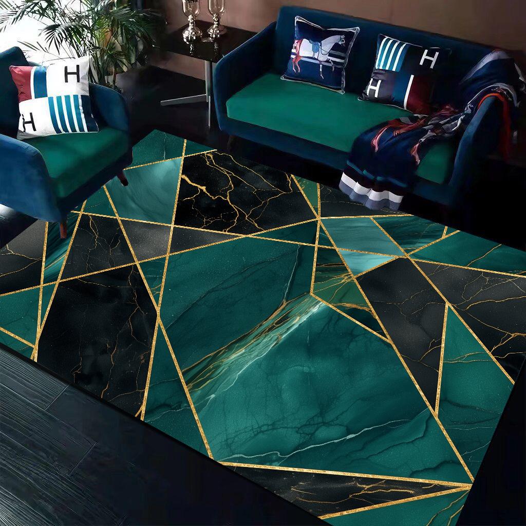 Green Geometry Carpet Non Slip Rug for Living Room Sofa Table Side Marble Golden Line Bedroom Decor Mat