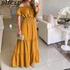 BITCED Long Dress with Open Back and Elastic Waist Popular Bohemian Style with Open Shoulders