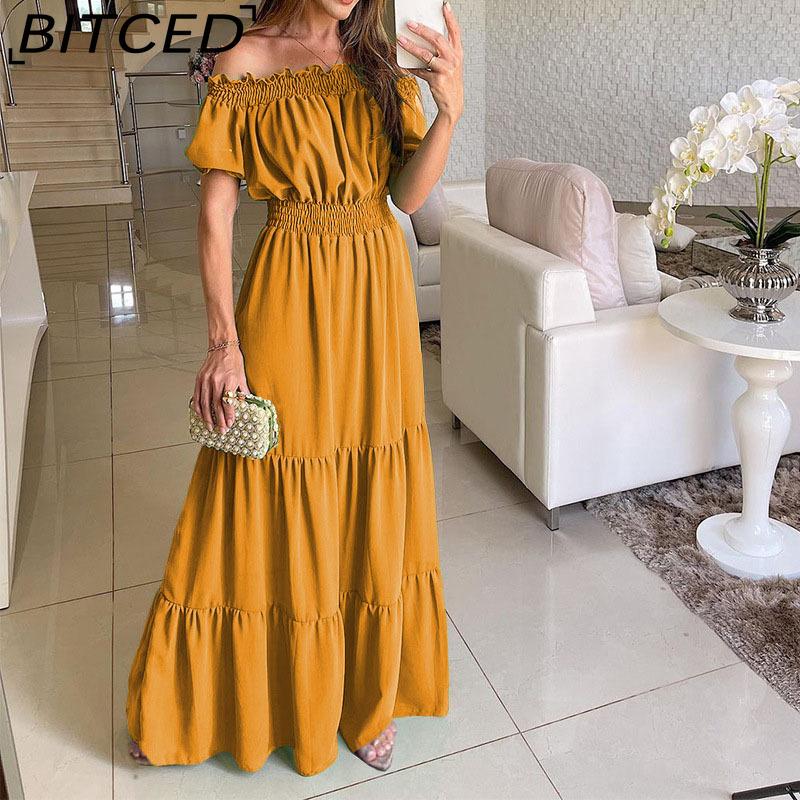 BITCED Long Dress with Open Back and Elastic Waist Popular Bohemian Style with Open Shoulders
