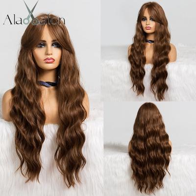 Peluca marrón ondulada larga con flequillo, pelucas sintéticas para mujeres negras, fibra resistente al calor, peluca de pelo Natural para fiesta de Cosplay