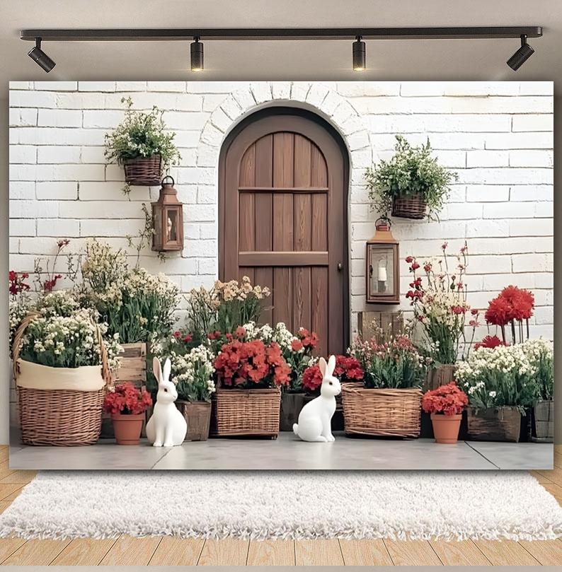Easter white brick wall flower rabbit Easter egg shooting Backdrop spring flower wall children's birthday party banner Backdrop