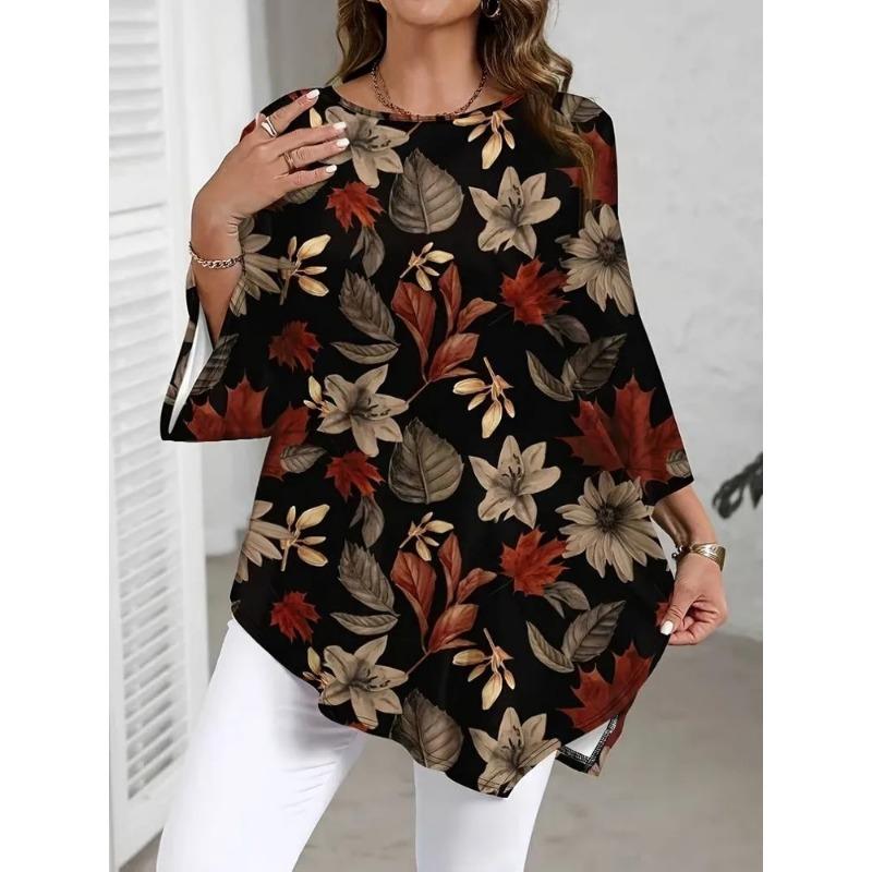 Women S Elegant Plus Size Printed Round Neck Asymmetrical Hem Top L