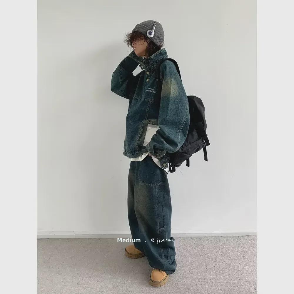 Men's Japanese Retro Wide-Leg Jeans: Loose Straight Fit for Trendy Casual Wear