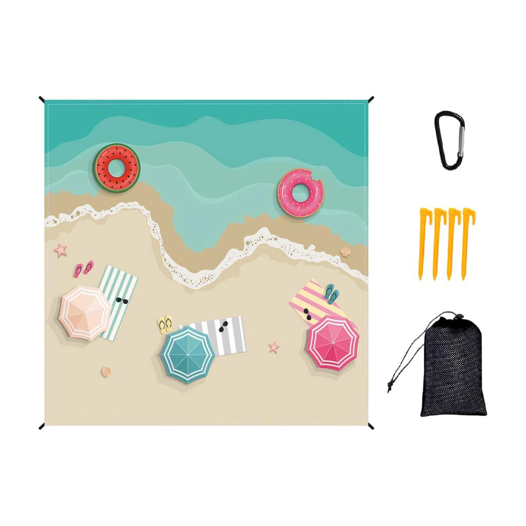 Portable Foldable Picnic Mat with Printed Pattern Lightweight Polyester Fabric Sandproof Beach Blanket with Storage Bag and Stakes for Outdoor Use