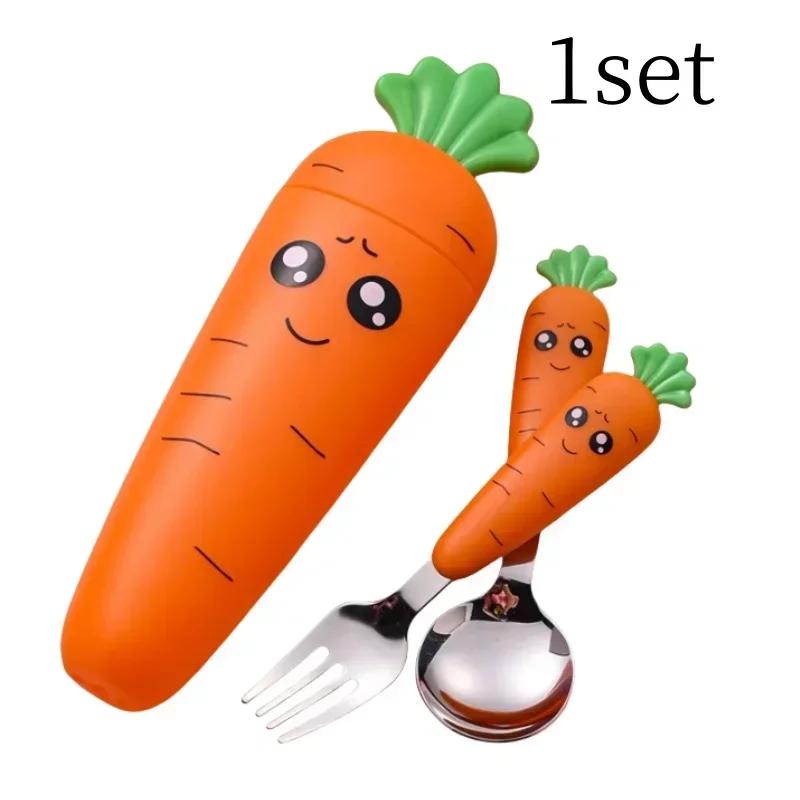 Carrots Set Children Dinnerware Stainless Steel Spoon Fork Flatware With Box Baby Feeding Tool Kitchen Tableware Supplies