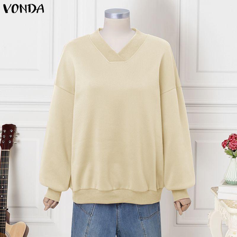 VONDA S-5XL Women Long Sleeve V Neck Solid Color Thin Pullover Sweatshirts