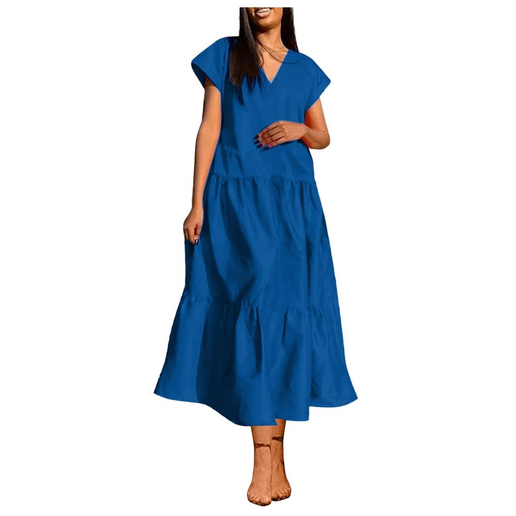 Women's Summer Fashion V-neck Sexy Long Skirt Solid Color Casual Short Sleeved Large Swing Dress