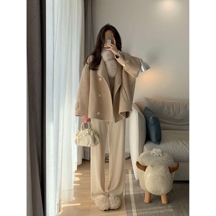 Korean Style Women's Small Winter Wool Coat with Quilted Lining - Non-Trendy