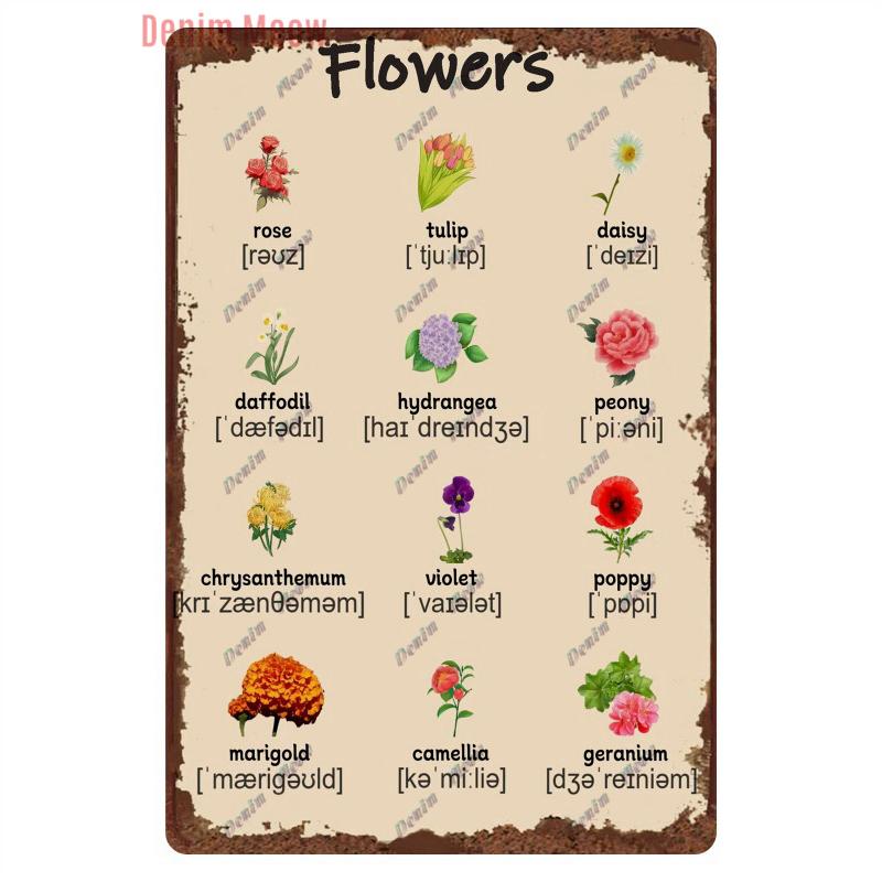 Funny Plants Metal Tin Sign Vintage English Flowers Retro Fruits Butterflys Animals Wall Poster Home Plates WY