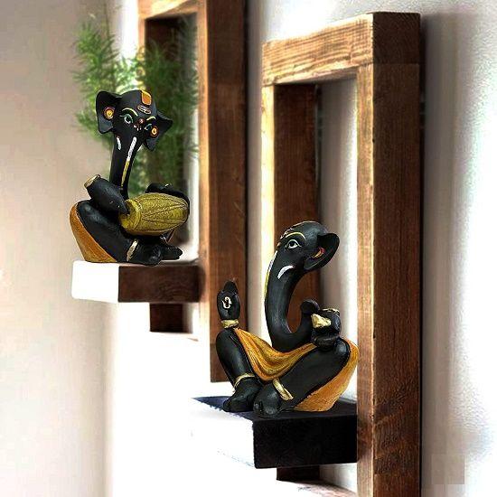 Resin Floating Ganesha Statues Decorative Showpiece | Spreads Positive Vibes (Pack of 2, Black & Yellow)