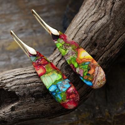 BLINGBAY Women's Bohemian Vintage Natural Stone Drop Earrings Colorful Resin Inlay Long Dangle Earrings Ethnic Jewelry Gift