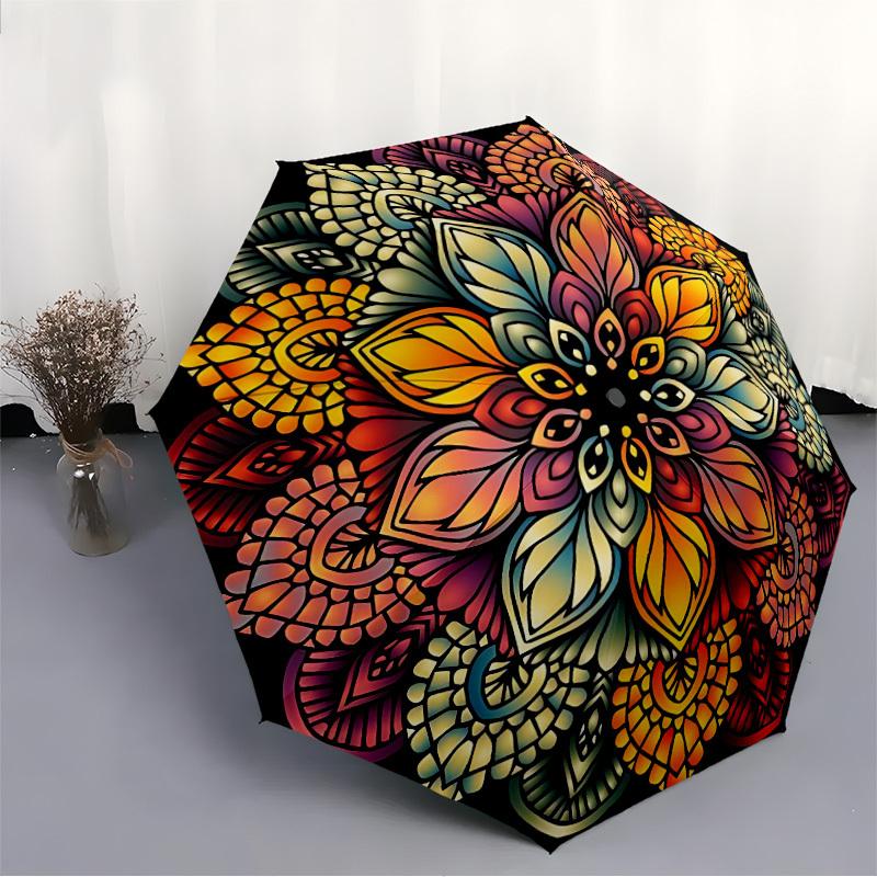 1pc Floral Mandala Automatic Folding Umbrella with 8 Bones, 3-Fold Compact Umbrella, Compact Design On-the-Go Essential, casual outdoor acce