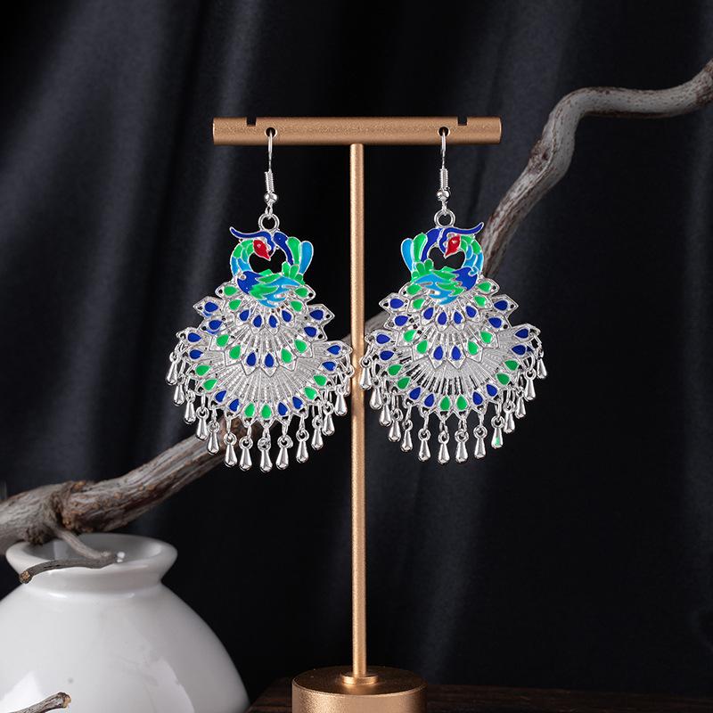 Imitation Miao Silver Minority Totem Phoenix Bell Earrings Jingtai Blue Peacock Earrings Scenic Earrings Earrings