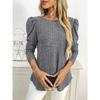 Women Solid Crew Neck Puff Sleeve Long Sleeve Brushed Striped T Shirt Top
