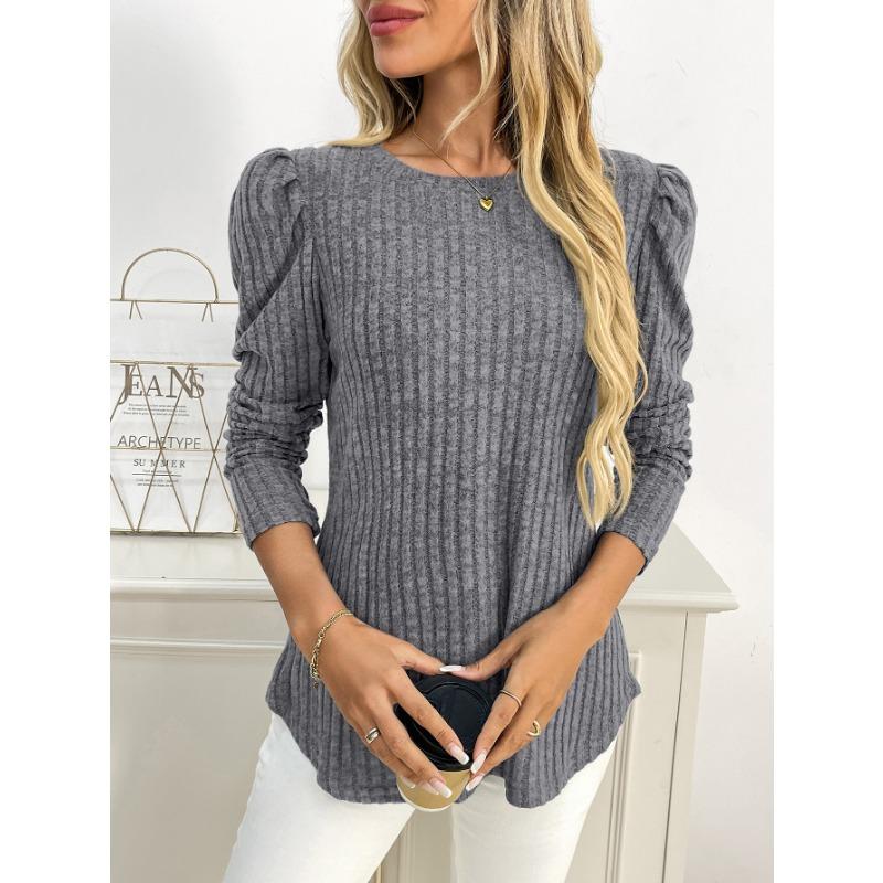Women Solid Crew Neck Puff Sleeve Long Sleeve Brushed Striped T Shirt Top