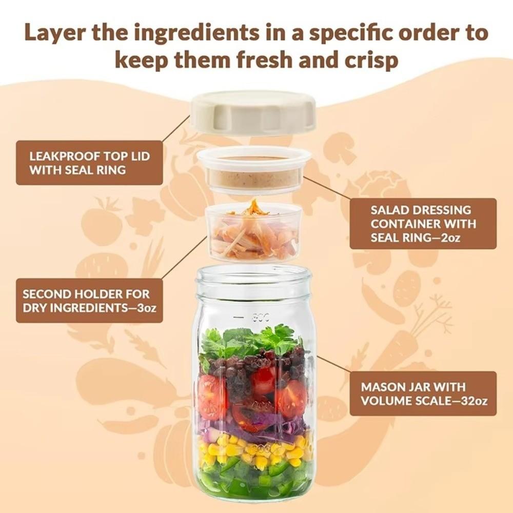 32OZ Capacity Salad Container Jar Glass Material Wet Dry Separation Salad Pod Leak-proof Feature Glass Salad Container Meal Prep