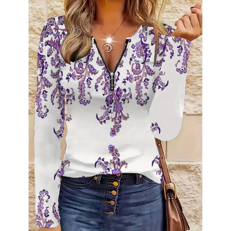 Long Sleeved Zipper T-shirt for Women's Fashion Items, Party Gatherings, Full Body Printed Patterns