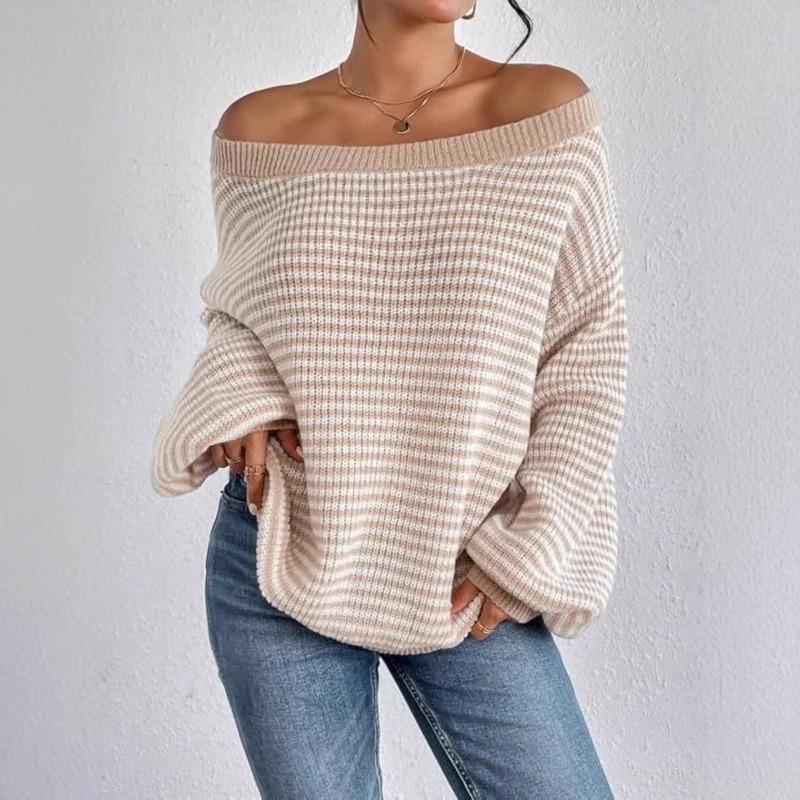 Loose Fit Striped Off Shoulder Lantern Sleeve Pullover Sweater