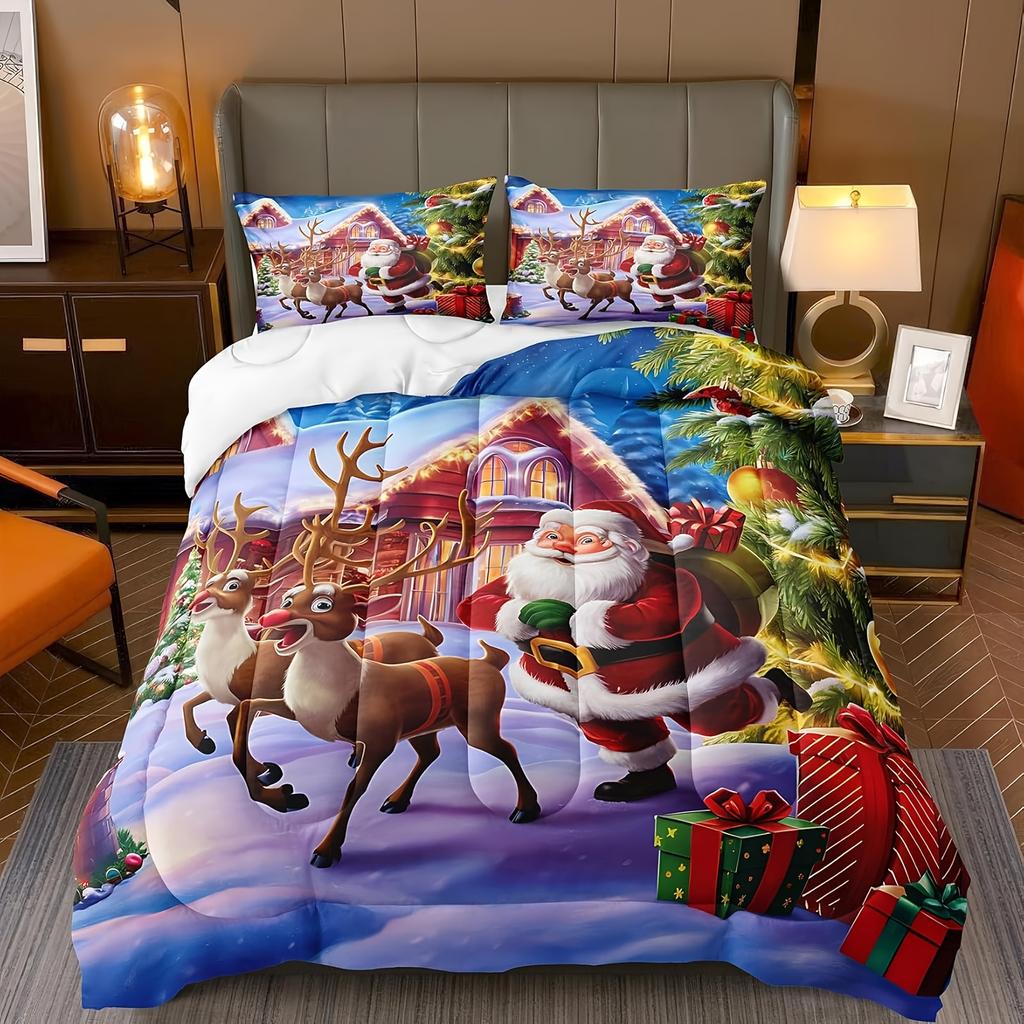 Christmas Bedding Set Queen King Size Christmas Comforter Set Santa Claus Bedding Deer Christmas Tree Printed Xmas Room Decor
